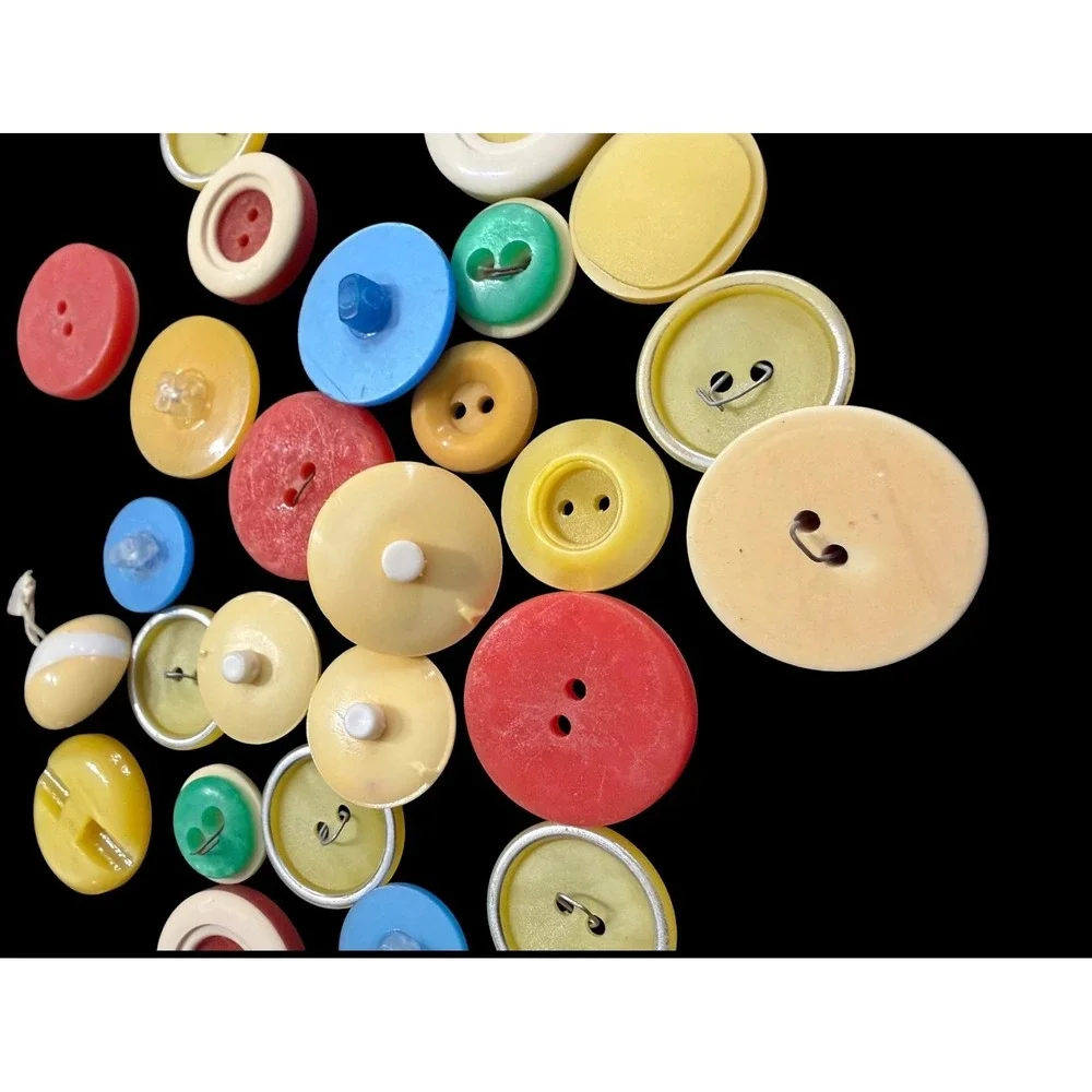 65+ Vintage Plastic Sewing Buttons Lot Two Tone Halo Layered Cream Yellow Mixed